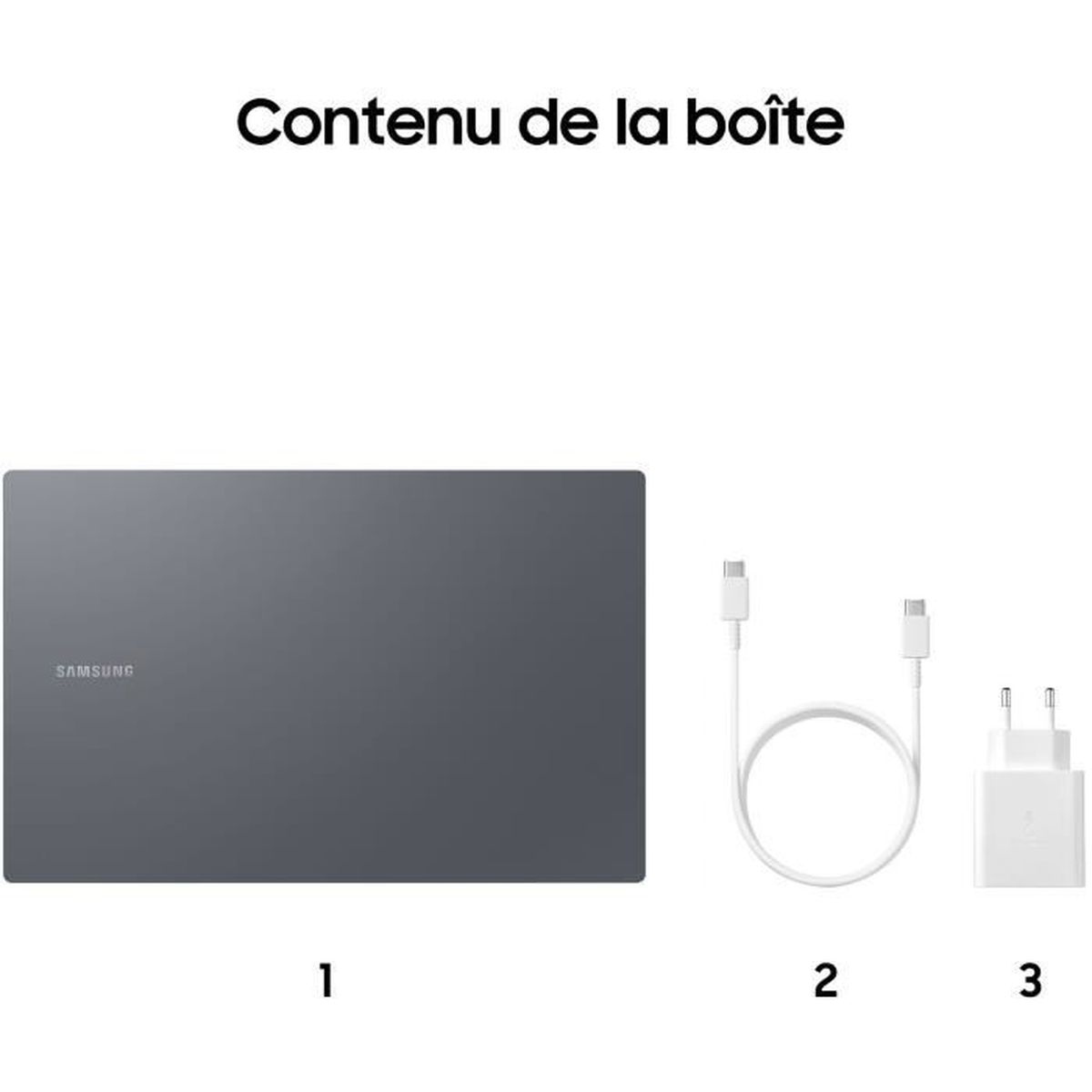 Gray Samsung tablet with charging cable and power adapter.