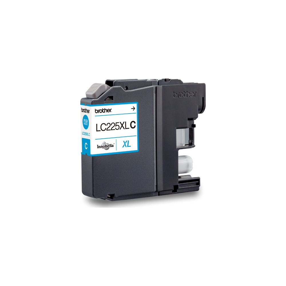 A black Brother LC225XLC ink cartridge with a gray release lever.