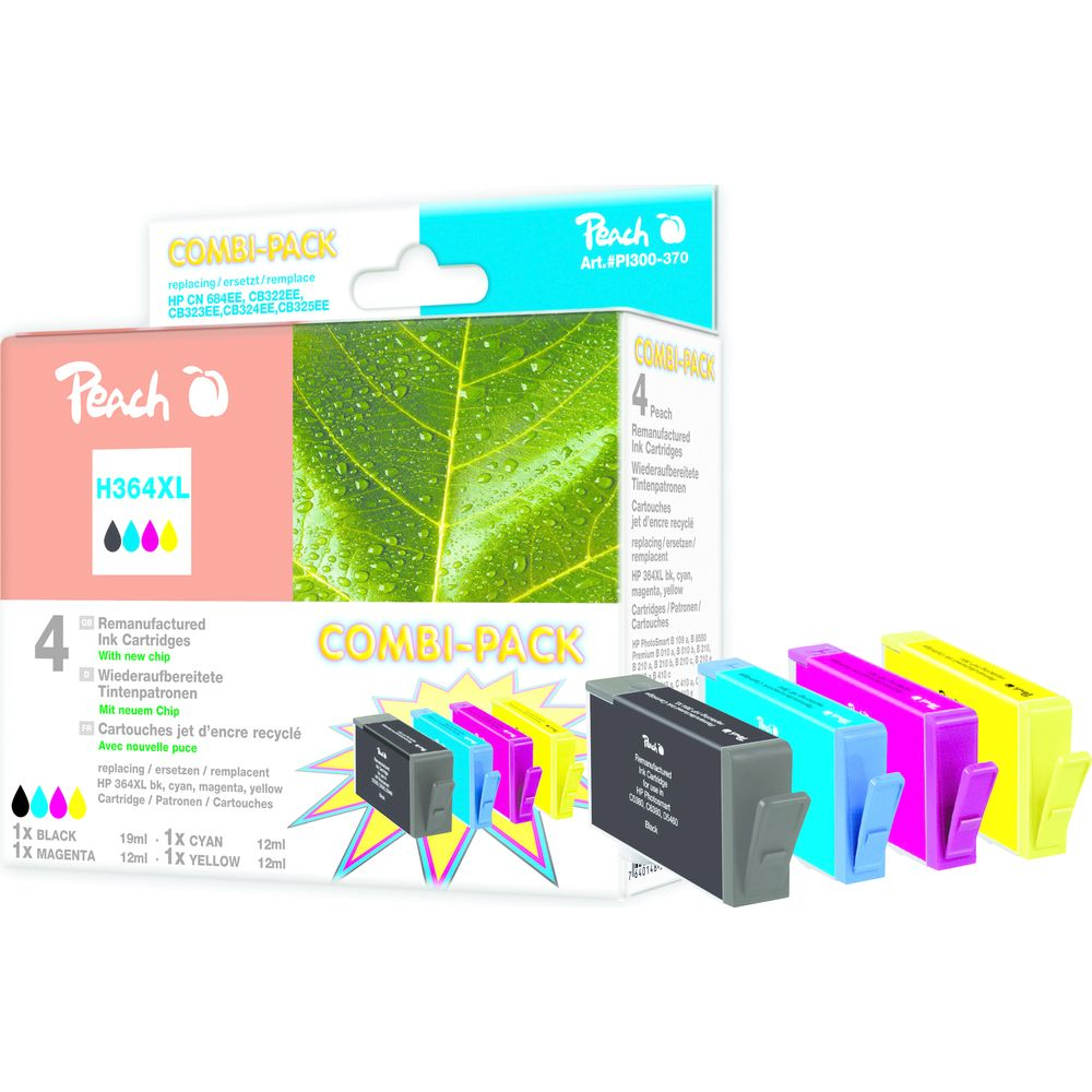 Peach Combi-Pack con quattro cartucce d'inchiostro rigenerate: nero, ciano, magenta, giallo.