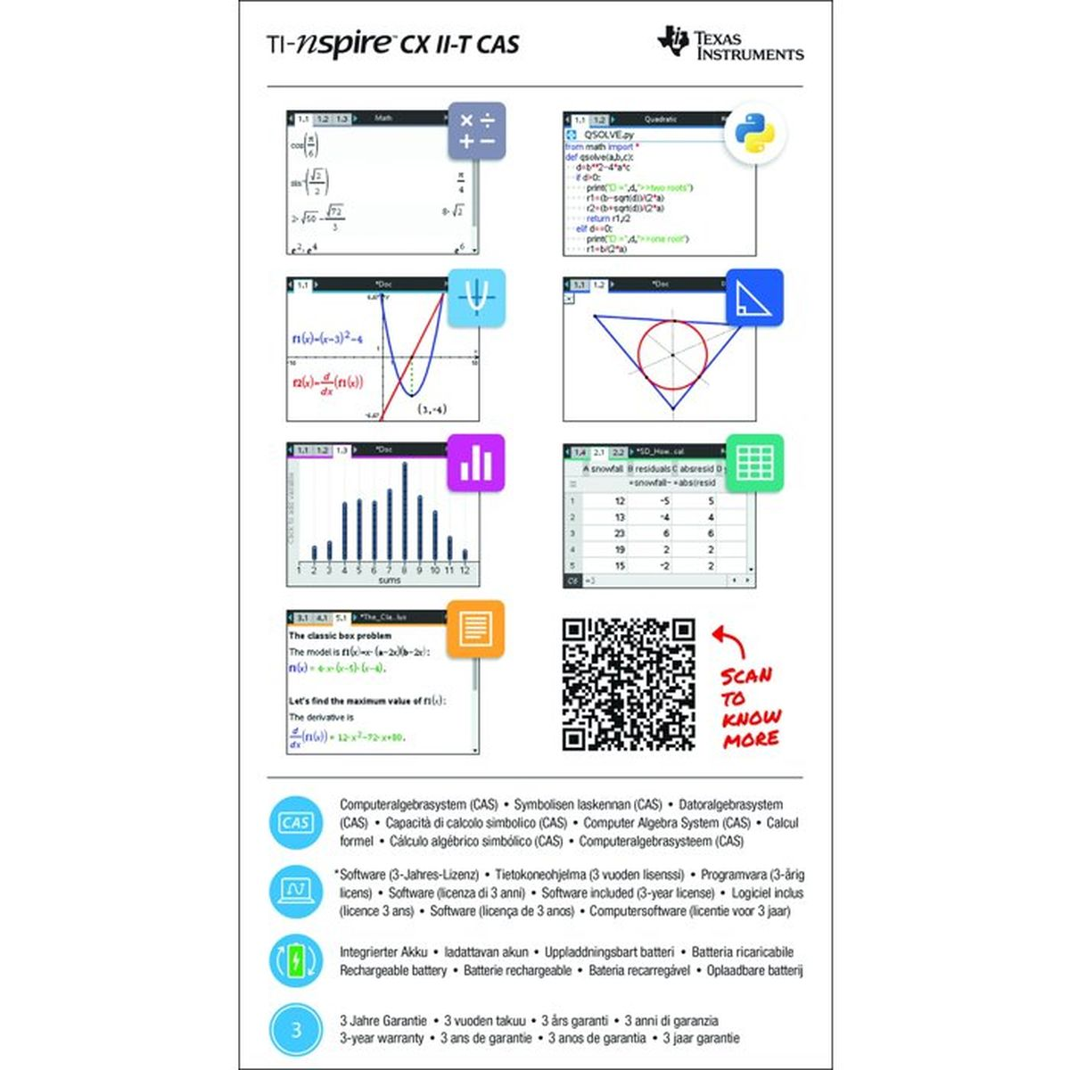 TI-nspire CX II-T CAS con grafici, codice QR e informazioni multilingue.