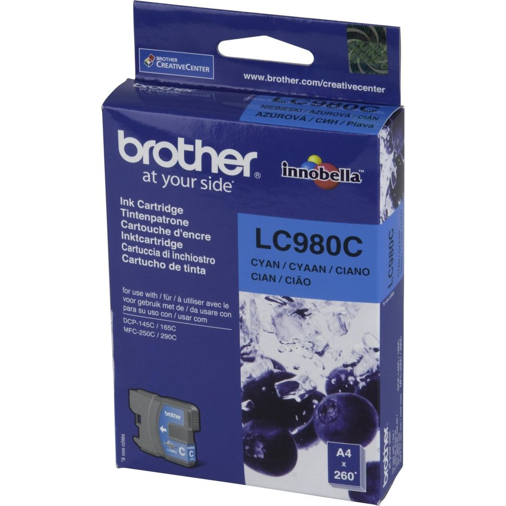 Pudełko niebieskiego tuszu Brother LC980C z motywem jagód.