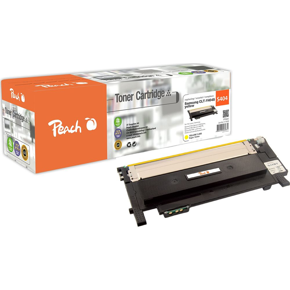 Cartucho de tóner amarillo Peach junto a su caja.
