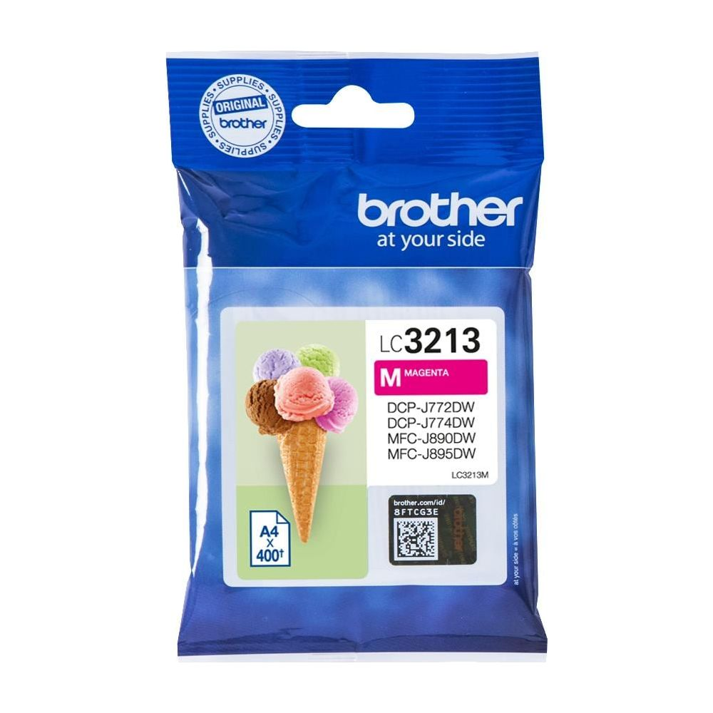 Opakowanie wkładu atramentowego Brother LC3213 magenta z grafiką rożka lodowego.