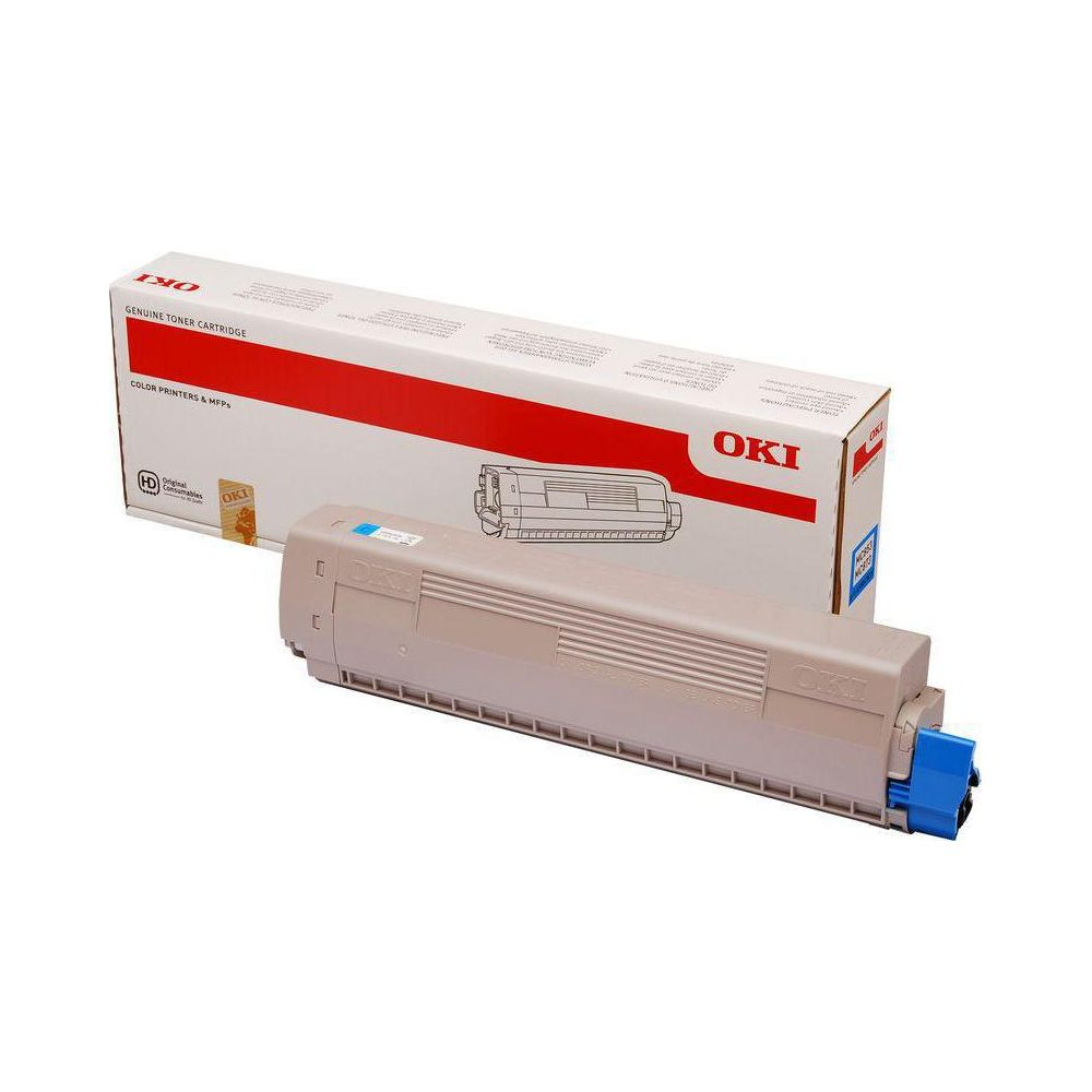 Pudełko z tonerem OKI obok beżowego kartridża z tonerem OKI z niebieskim złączem.