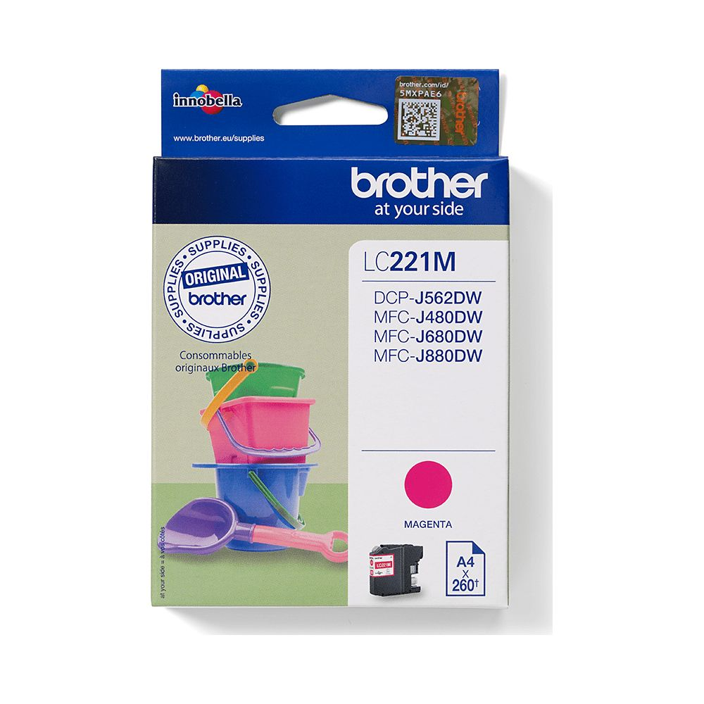 Brother LC221M Magenta ink box with toys in the foreground.