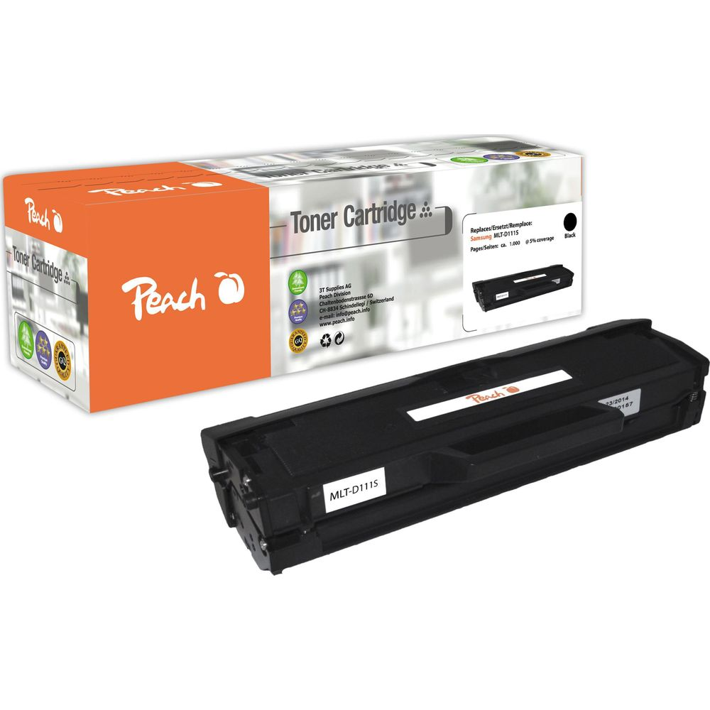 Cartuccia toner nera Peach MLT-D111S davanti alla sua confezione.