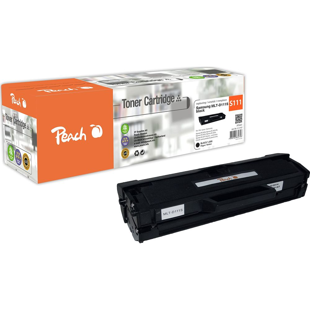 Cartuccia toner Peach per Samsung MLT-D111S S111, nero. La cartuccia si trova accanto alla confezione.