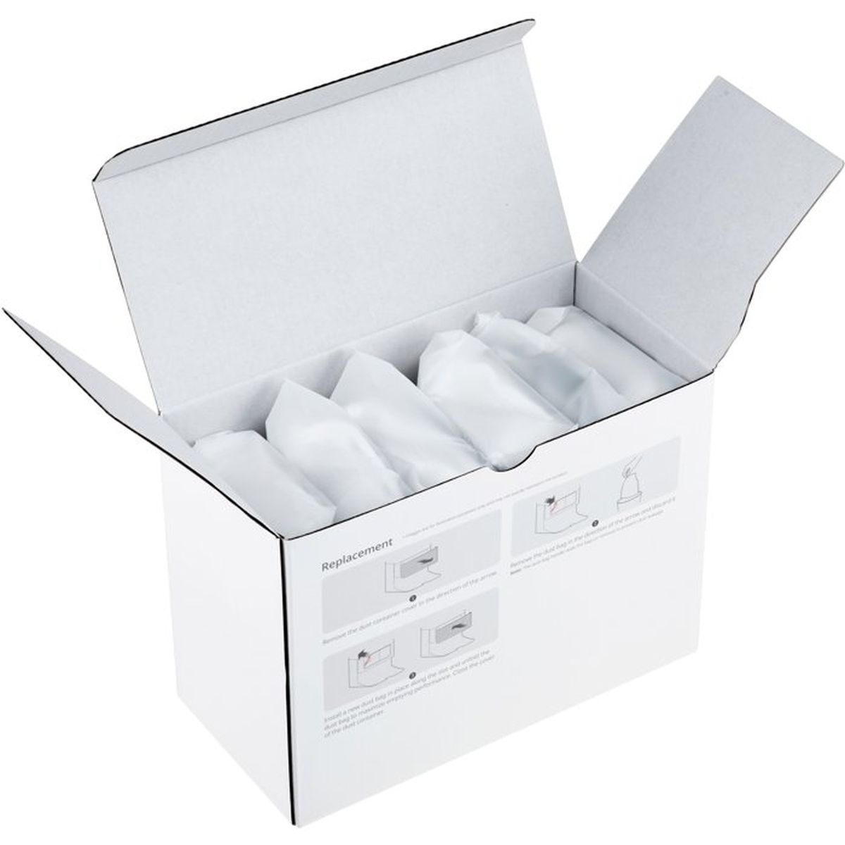 Białe pudełko zawierające sześć indywidualnie zapakowanych worków do odkurzacza.