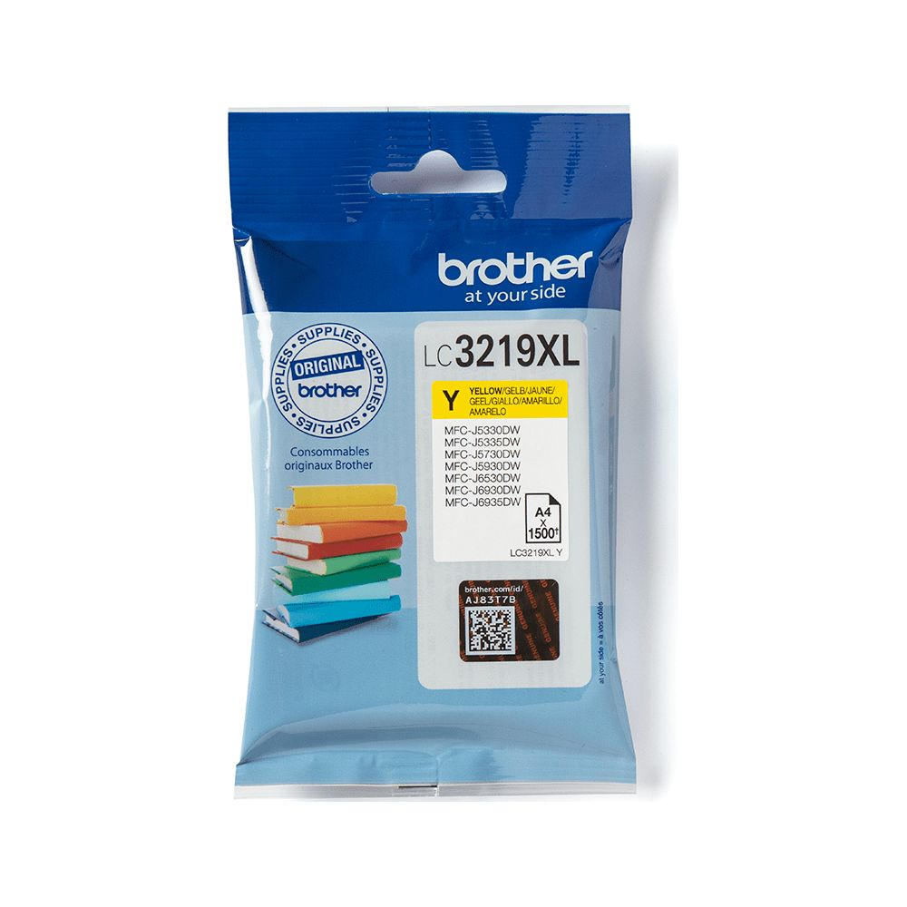 Żółty tusz Brother LC3219XL z modelami drukarek i stosem książek.