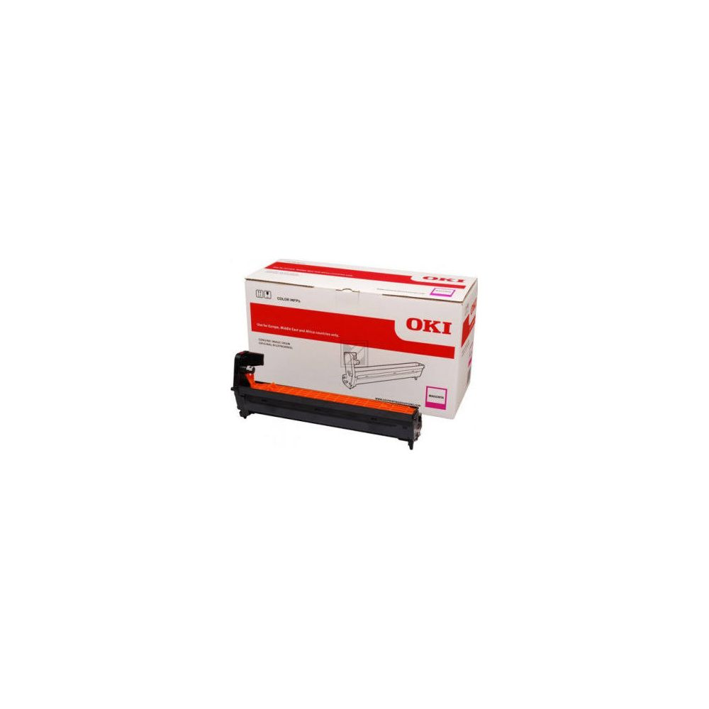 Una cartuccia toner OKI con custodia arancione e nera accanto alla sua scatola.