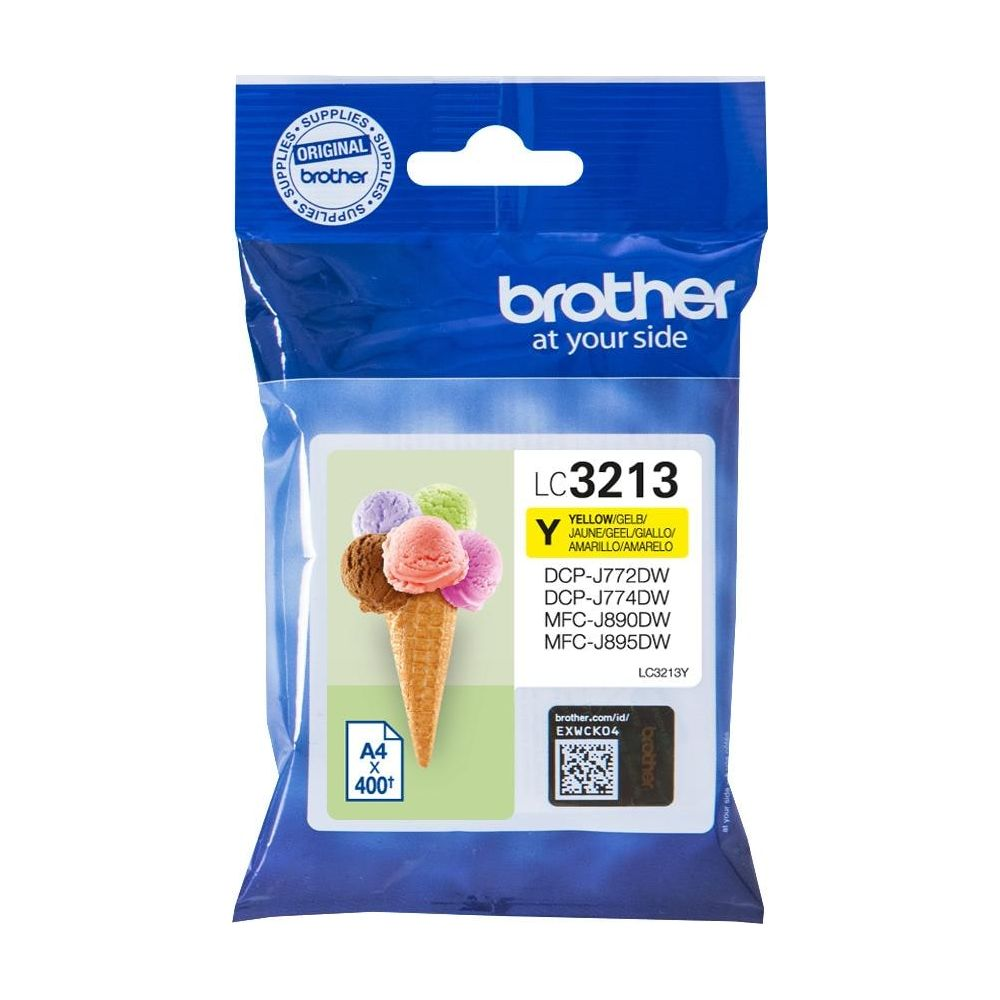 Opakowanie żółtego tuszu Brother LC3213 z grafiką lodów.