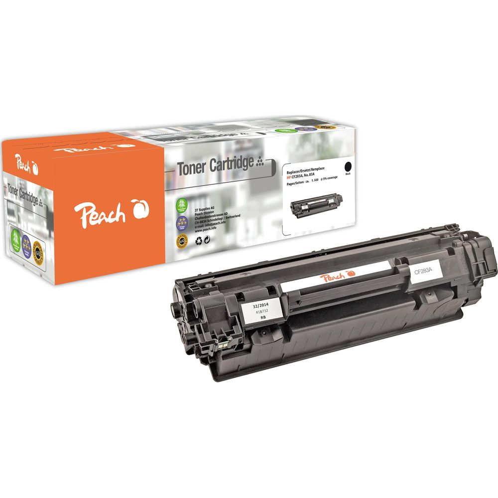 Cartuccia toner Peach accanto alla sua scatola su sfondo bianco.
