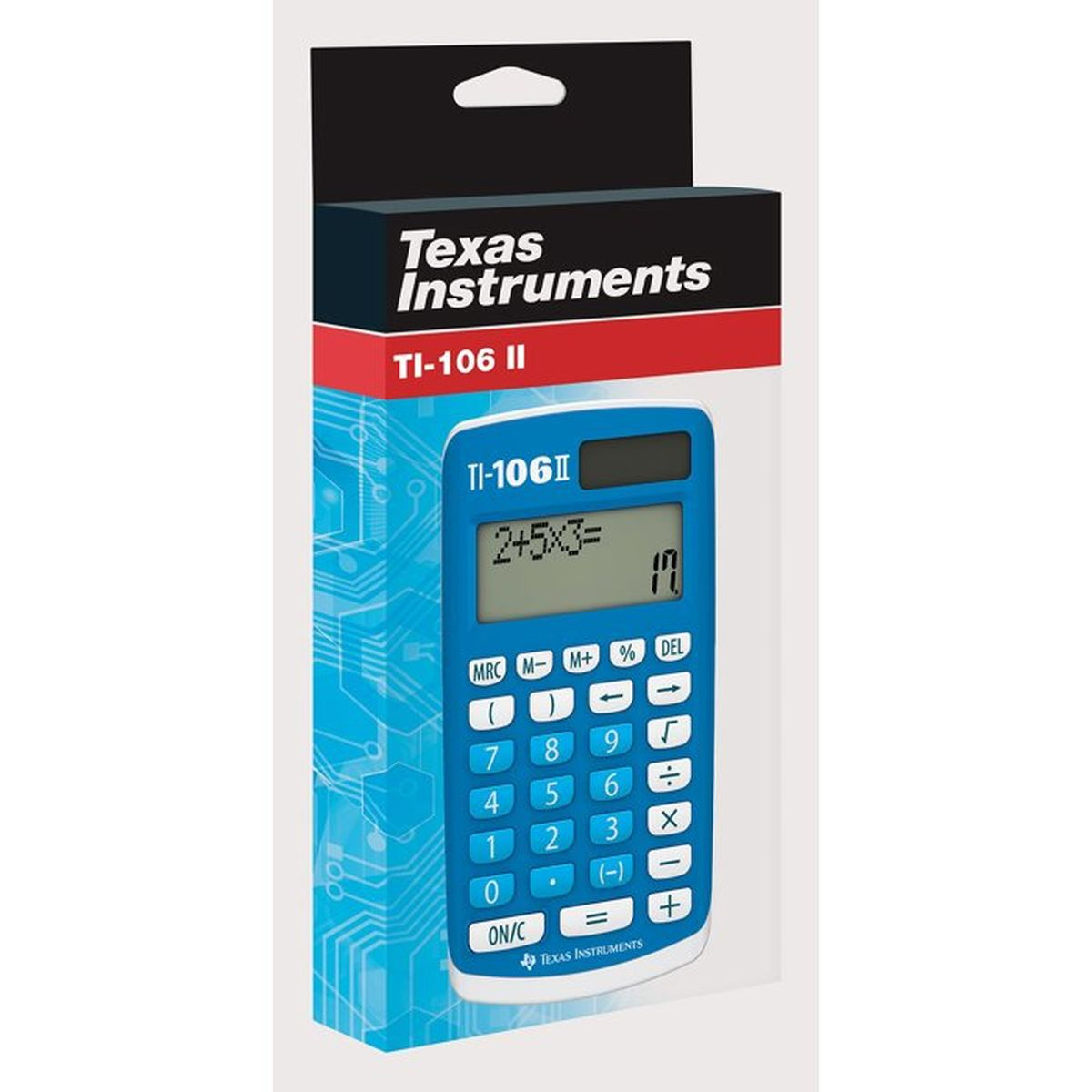 Blaue Texas Instruments TI-106 II Rechner-Verpackung mit Rechenoperation auf dem Bildschirm.