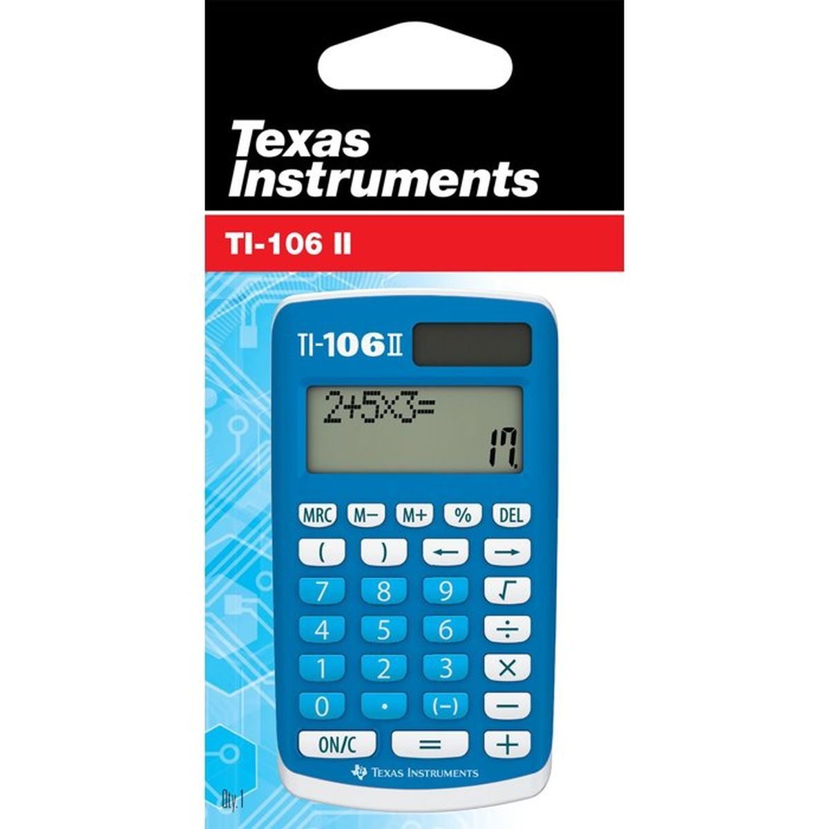 Eine blaue Texas Instruments TI-106 II-Rechneranzeige zeigt 2+5x3=17.