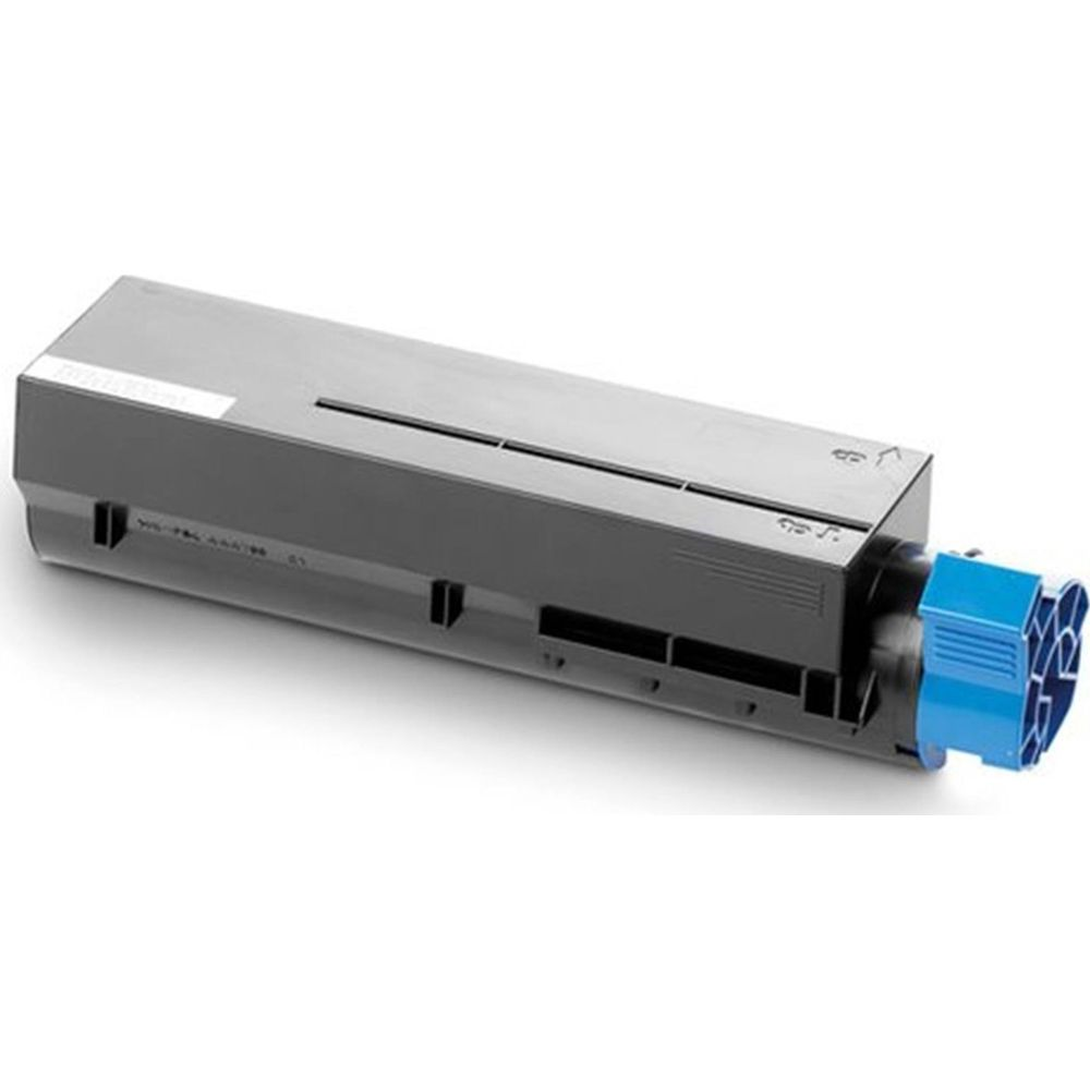 Grauer Tonerpatrone mit blauem Anschlussstück, Vorderansicht.