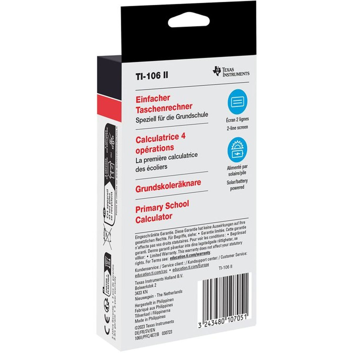 Verpackung eines Texas Instruments TI-106 II Taschenrechners für Grundschulen.