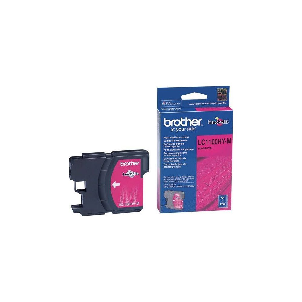 A Brother LC1100HY-M magenta ink cartridge package and a single cartridge.
