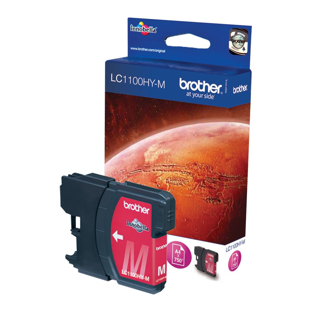 A Brother LC1100HY-M magenta ink cartridge and box featuring Mars imagery.