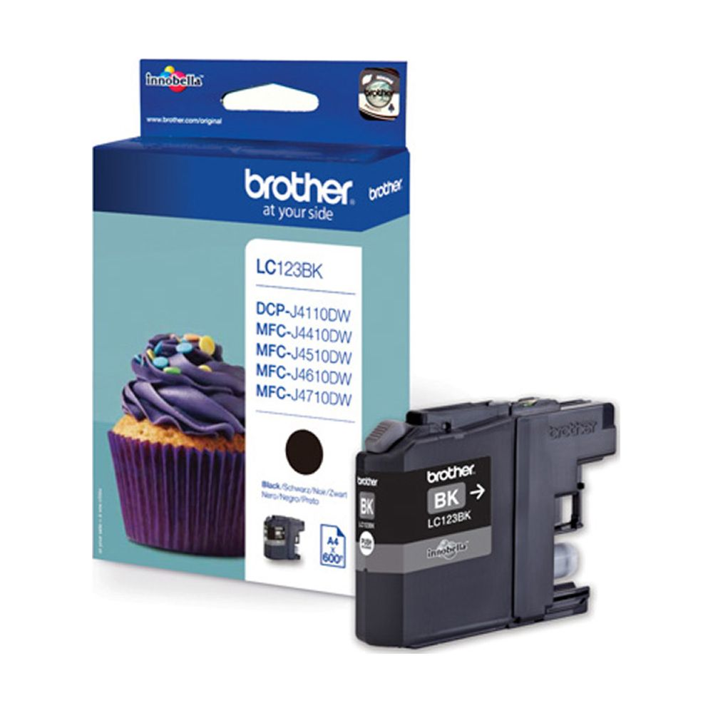 Brother LC123BK inktpatroon naast verpakking met cupcake-afbeelding.