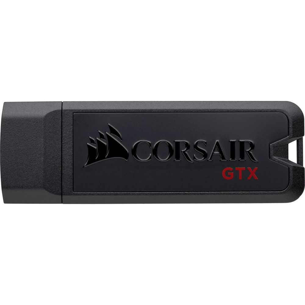 Czarny pendrive Corsair GTX z logo, na białym tle.