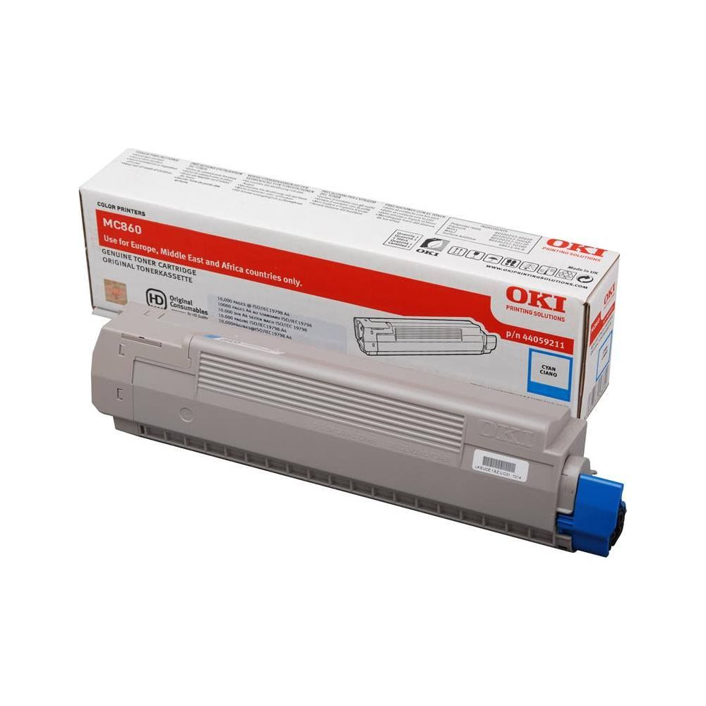 Toner OKI MC860 Cyan z pudełkiem, na białym tle.