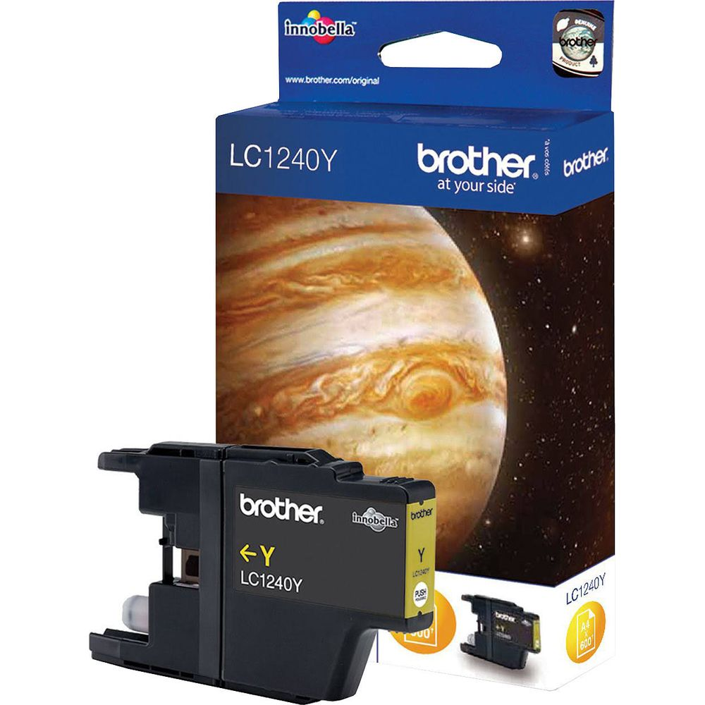A yellow Brother LC1240Y ink cartridge packaging featuring Jupiter.
