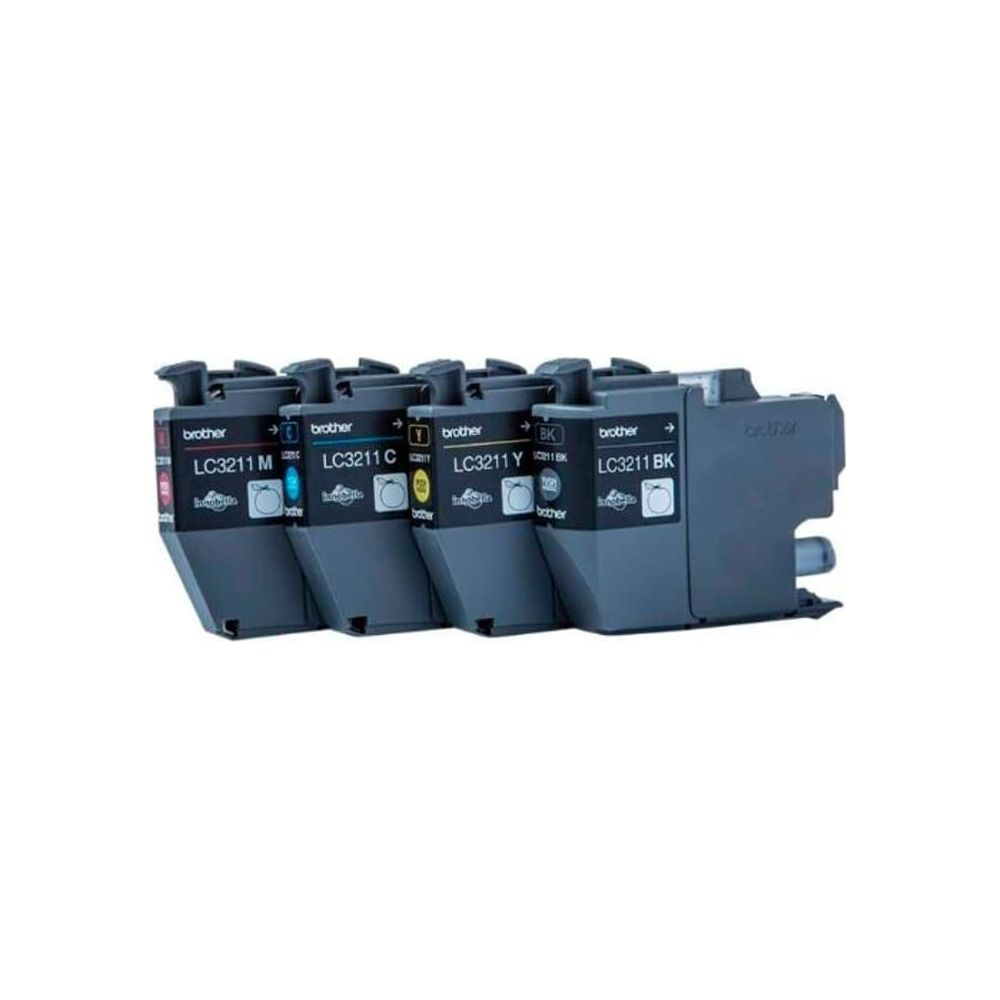 Vier Brother LC3211 inktcartridges: Magenta, Cyaan, Geel en Zwart.