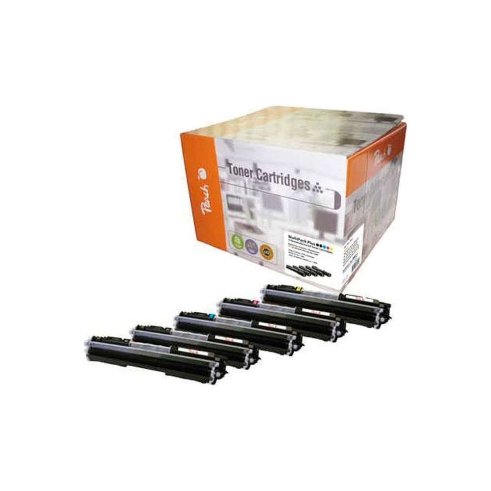 Una scatola di cartucce toner con sei cartucce individuali davanti.