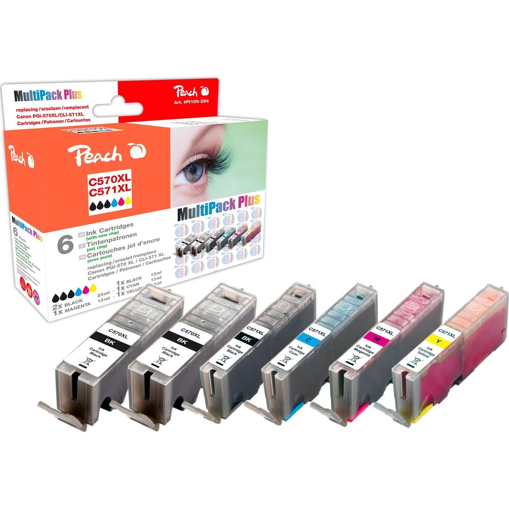 Sześć wkładów atramentowych z pudełkiem. Pokazano kolory czarny, magenta, cyjan i żółty.