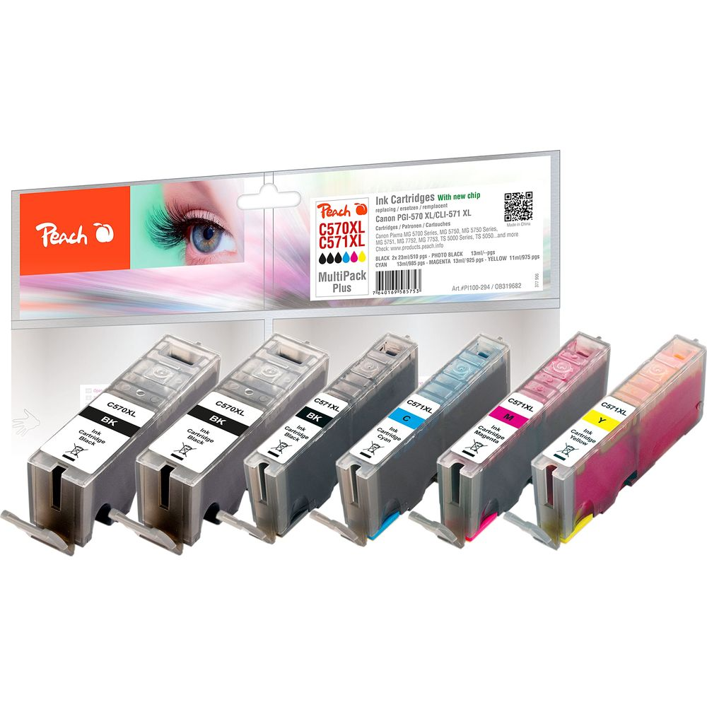 Sześć wkładów atramentowych: dwa czarne, cyjan, magenta, żółty, czarny foto.