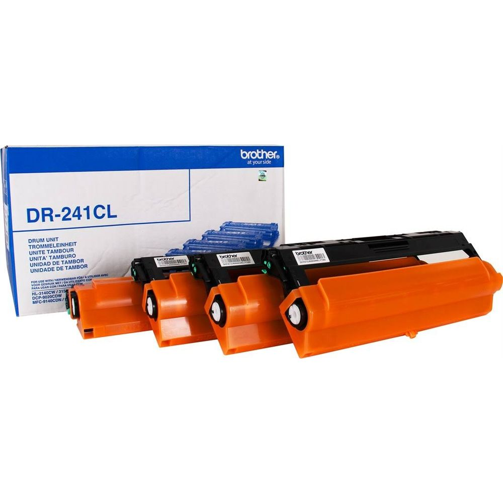 Vier orangefarbene Brother Trommeleinheiten und eine Box mit blauen Patronen.