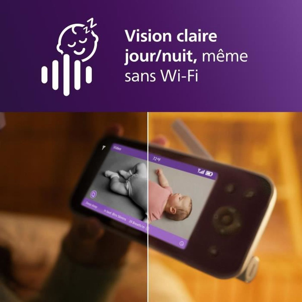 Babyfon zeigt Baby in Tag- und Nachtansicht. Klare Sicht ohne WLAN.