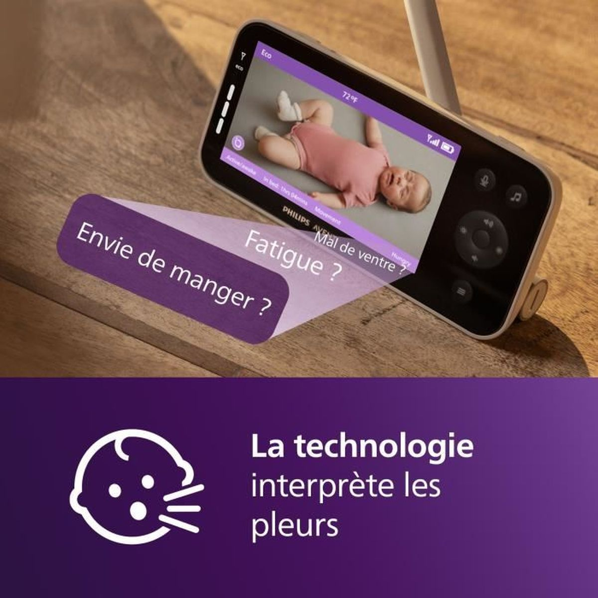 Ein Baby im Strampler auf einem Monitor wird gezeigt. Text fragt nach Hunger, Müdigkeit oder Bauchschmerzen.