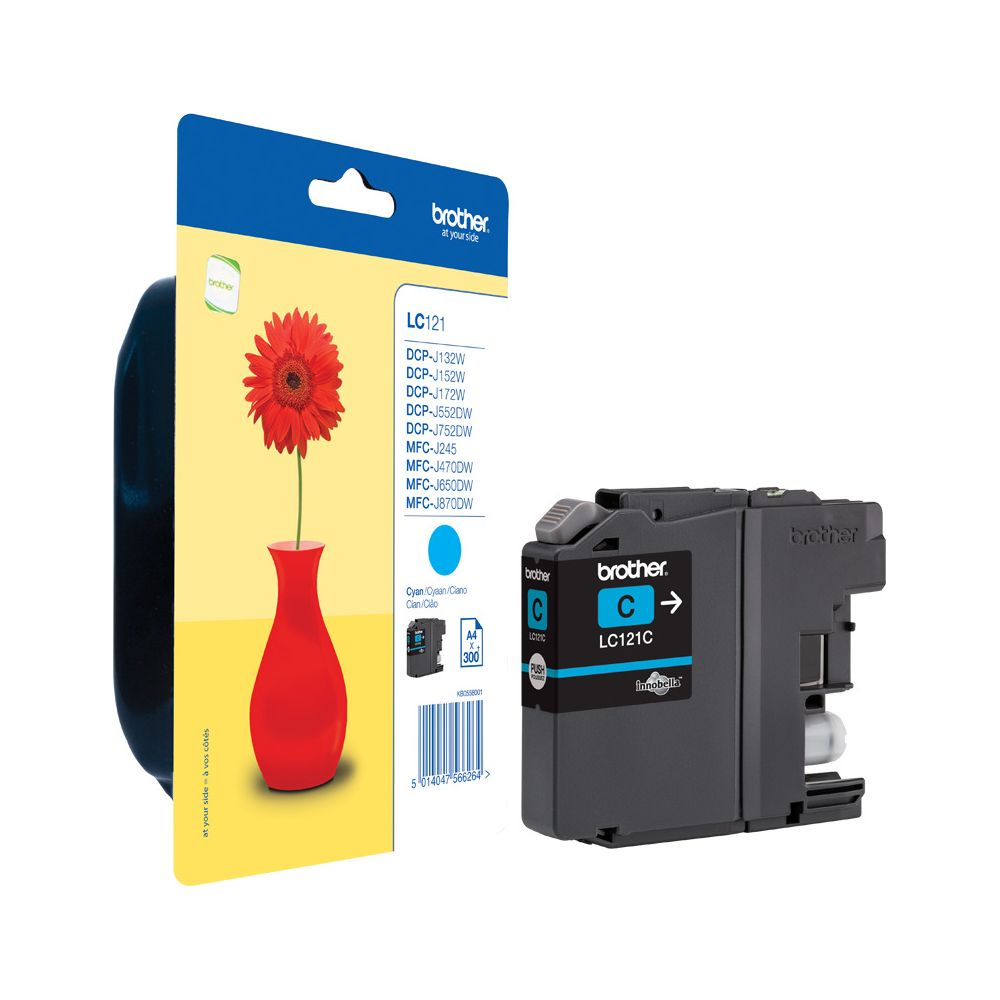 A Brother LC121C cyan ink cartridge next to its packaging showing a red vase and flower.
