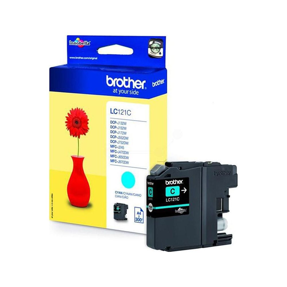 Brother LC121C Cyan ink cartridge next to its box, showing a red vase with a flower.