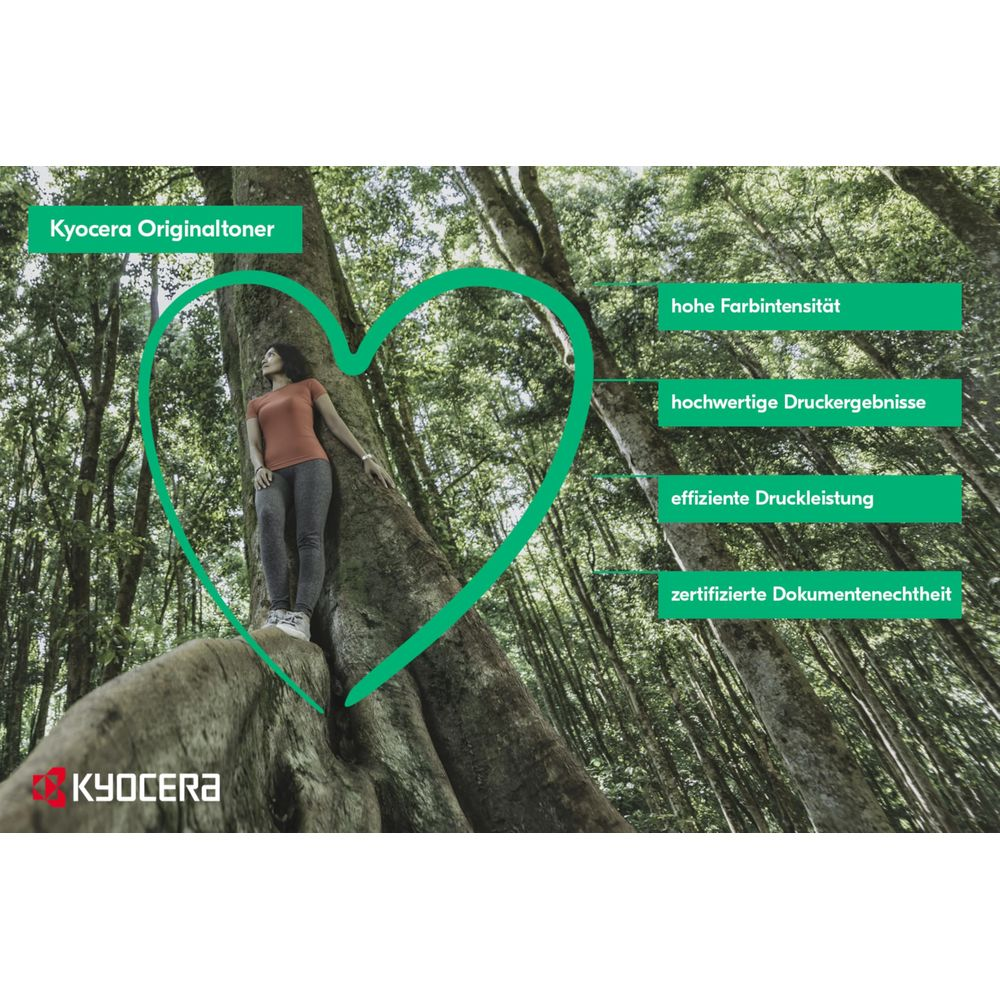 Kobieta w lesie stoi na kłodzie, otoczona symbolem serca.