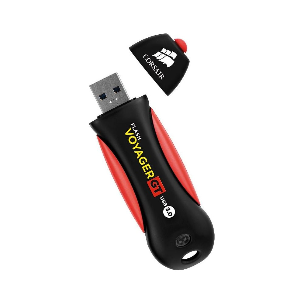 Czarny pendrive Corsair Voyager GT USB 3.0 z czerwonymi akcentami i zdjętą nasadką.