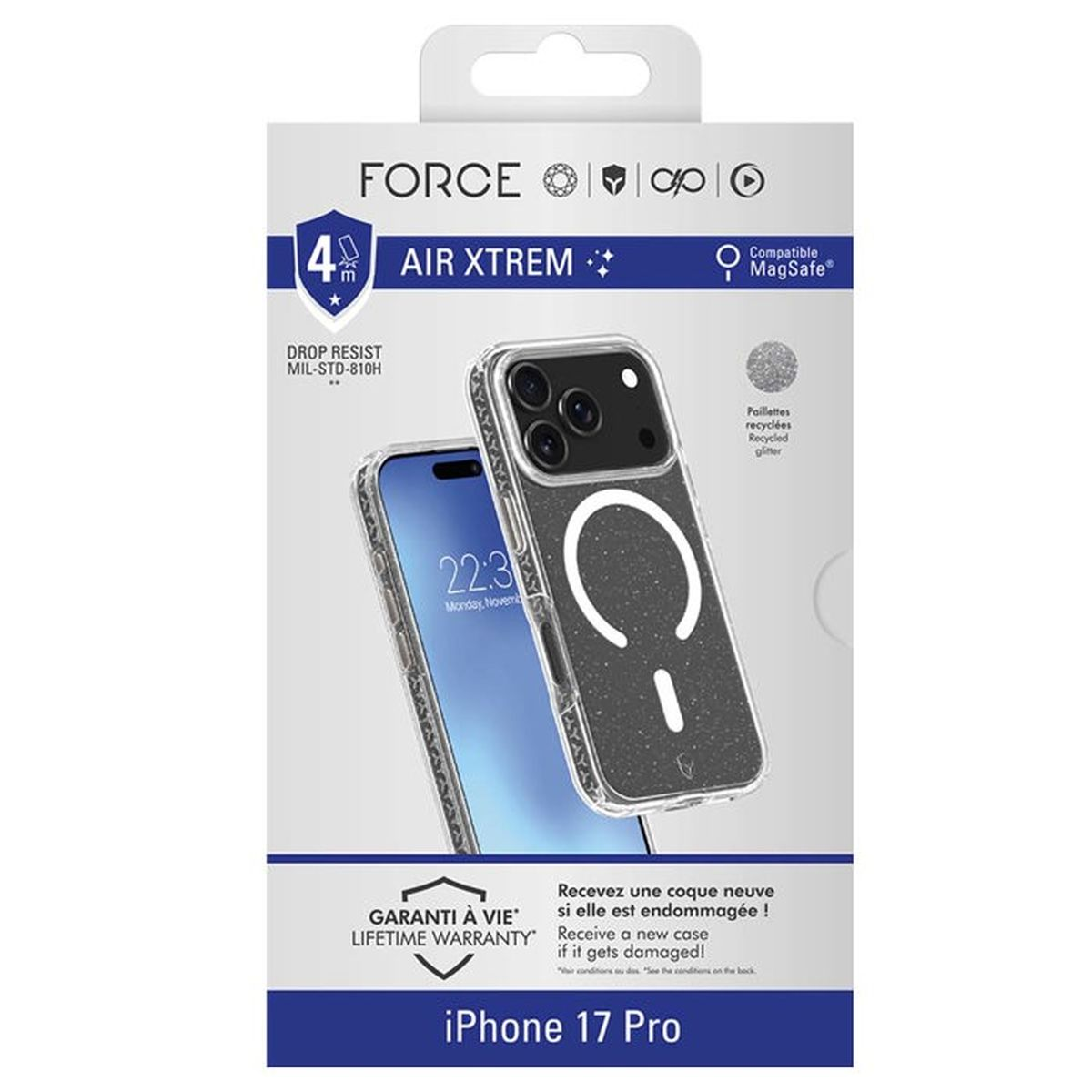 Cover iPhone 17 Pro con MagSafe, Air Xtrem, Drop Resist, glitter riciclato.