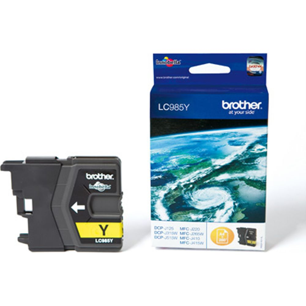 Żółty tusz Brother LC985Y obok pudełka z widokiem Ziemi.