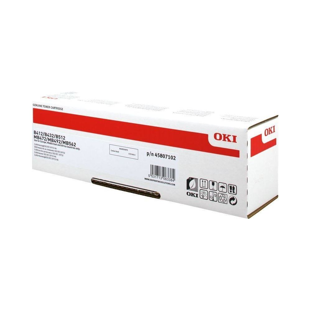 Białe pudełko kartridża OKI z czerwonym paskiem, numerami modeli i ikonami ostrzeżeń.