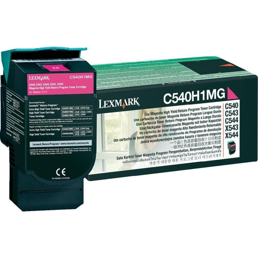 Cartucho de tóner Lexmark C540H1MG Magenta. Texto en varios idiomas.