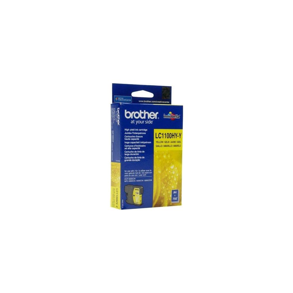 Yellow Brother LC1100HY-Y ink cartridge with product information in English.