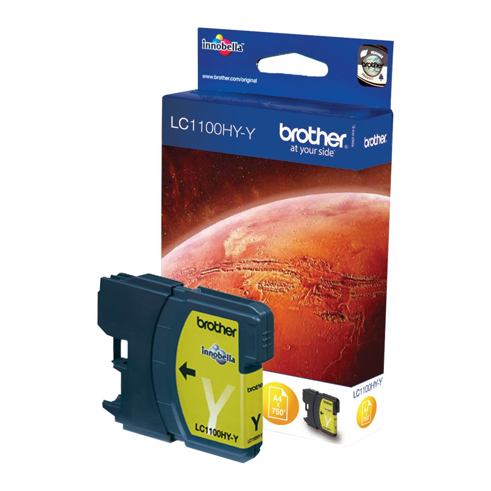 A yellow Brother LC1100HY-Y ink cartridge with its packaging.