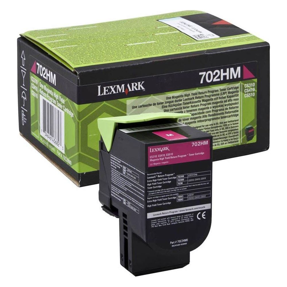 Lexmark 702HM Magenta Tonerpatrone mit Verpackung. Nahaufnahme.