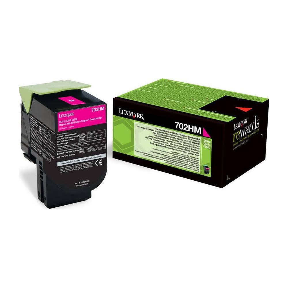 Lexmark 702HM Magenta Toner. Links ein Toner, rechts die Verpackung.