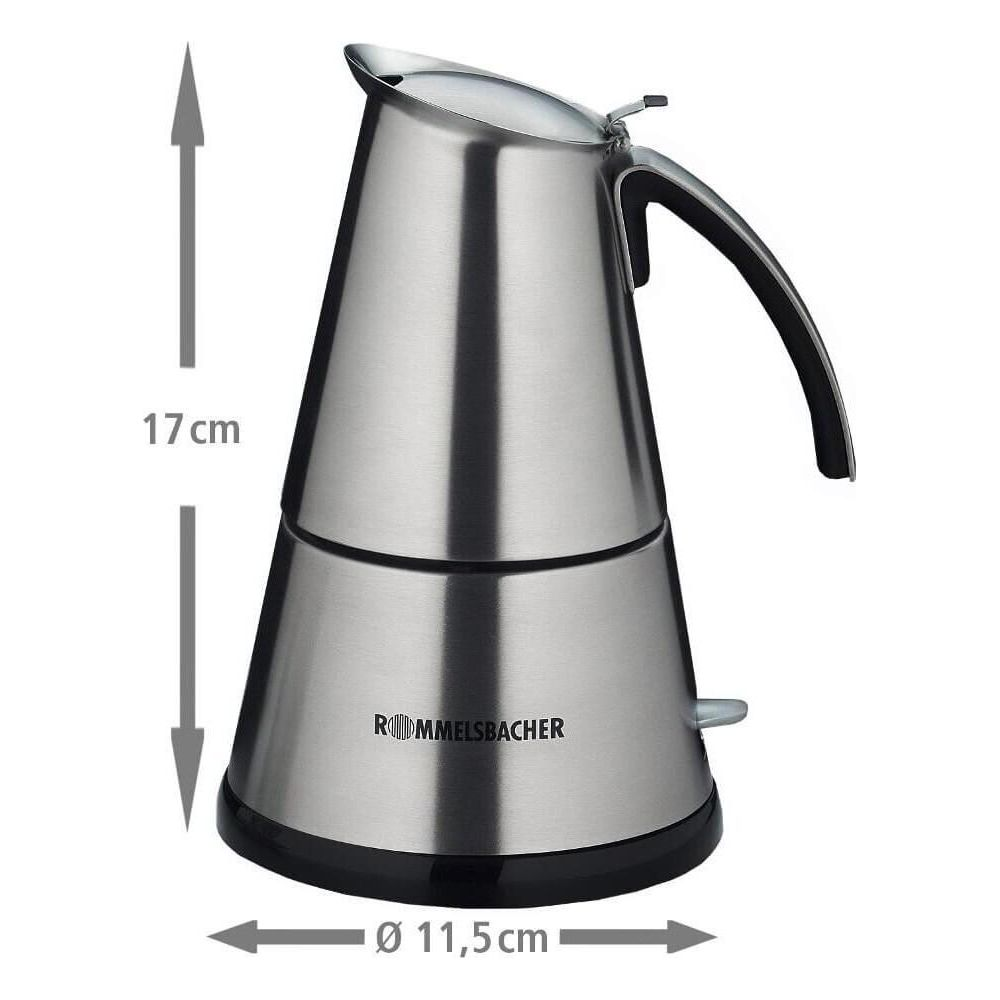 Roestvrijstalen koffiepot met zwart handvat, 17cm hoog, 11,5cm diameter.