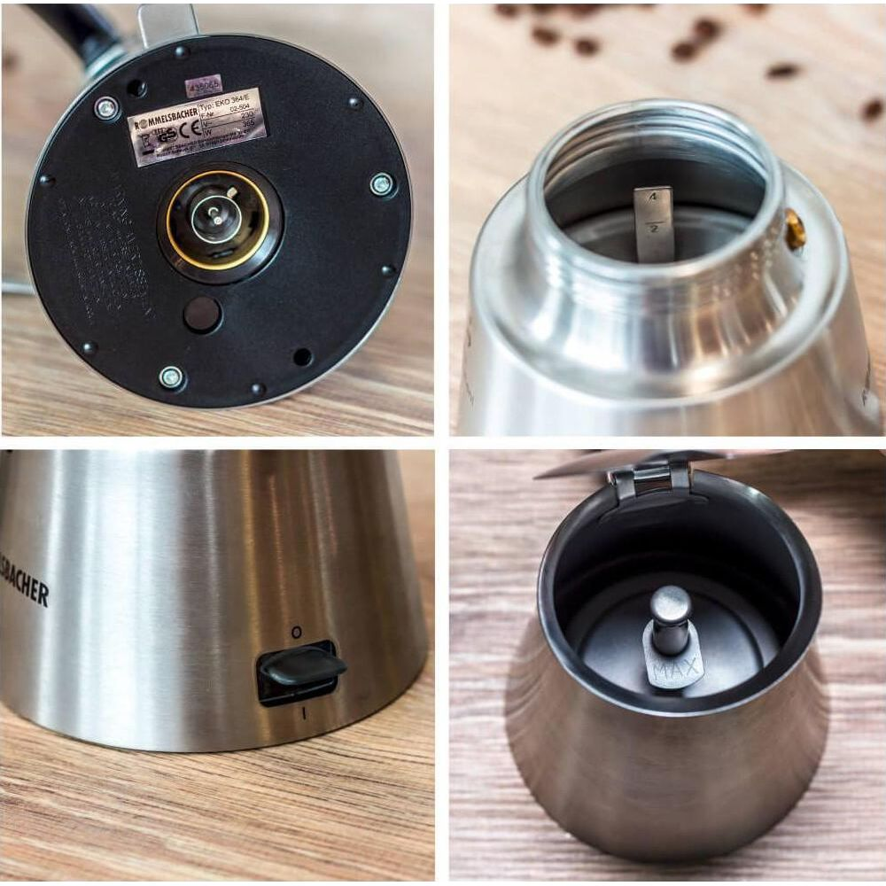 Metalen waterkoker details: onderkant met etiket, bovenkant, schakelaar en interieur.