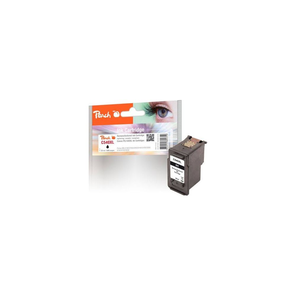 Schwarze Tintenpatrone von Peach, C540XL, neben der Verpackung mit Auge.