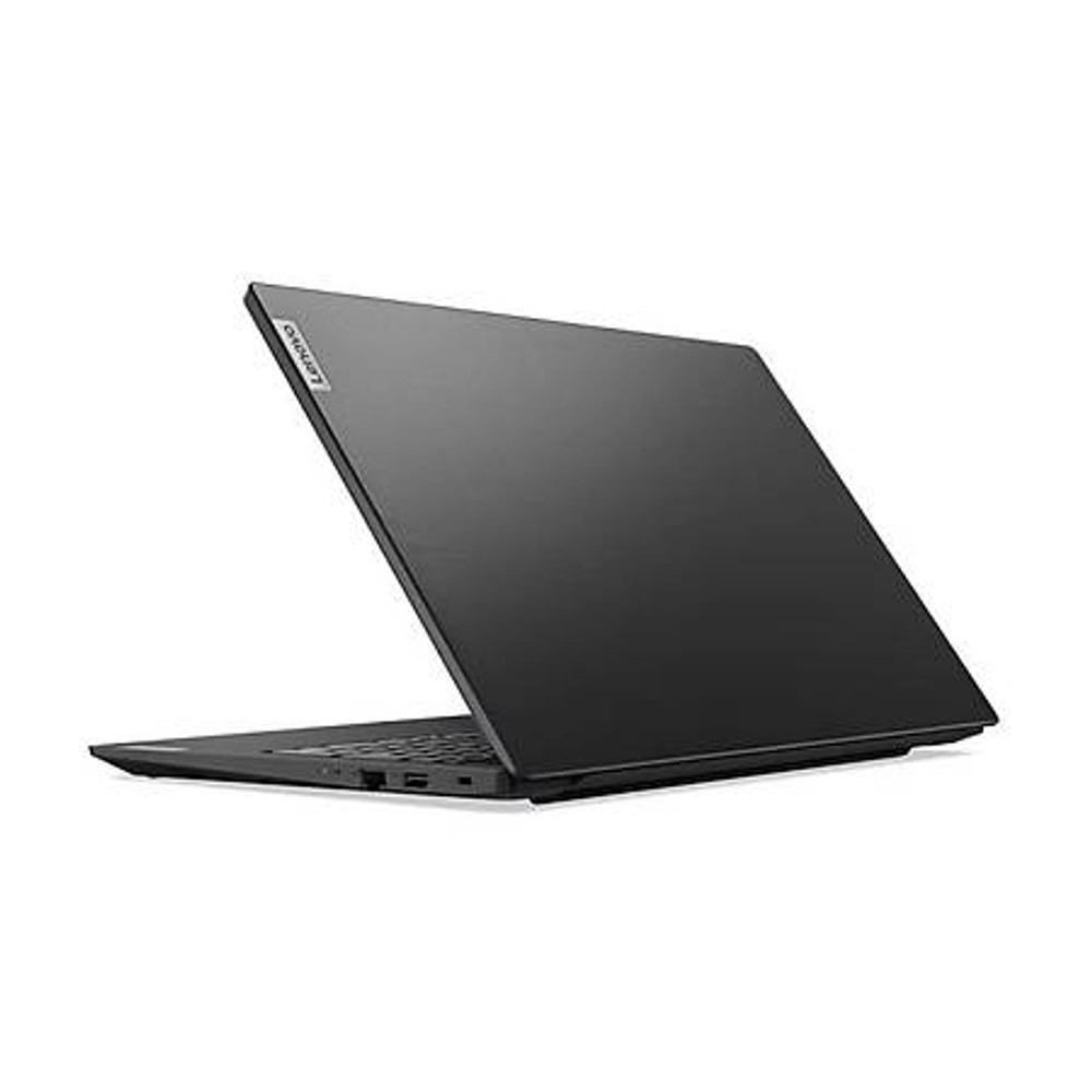 Beyaz zeminde gümüş logolu, kapalı, siyah Lenovo dizüstü bilgisayar.