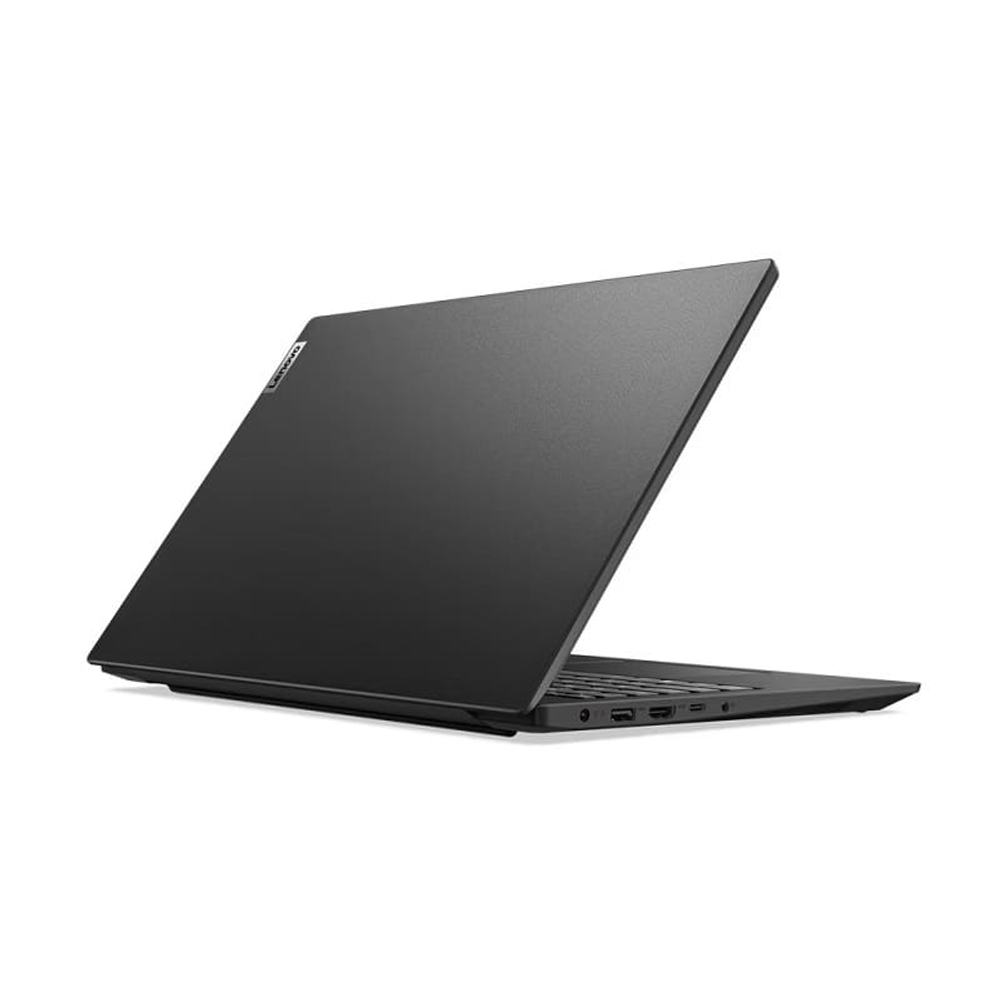 Siyah Lenovo dizüstü bilgisayar, soldan arkadan açık kapakla gösteriliyor.